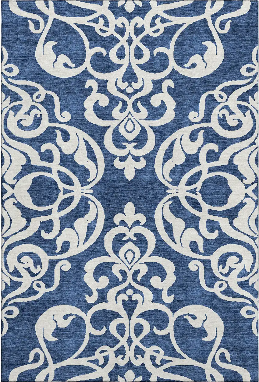 Navy Blue And Ivory Damask Washable Area Rug With UV Protection Photo 1