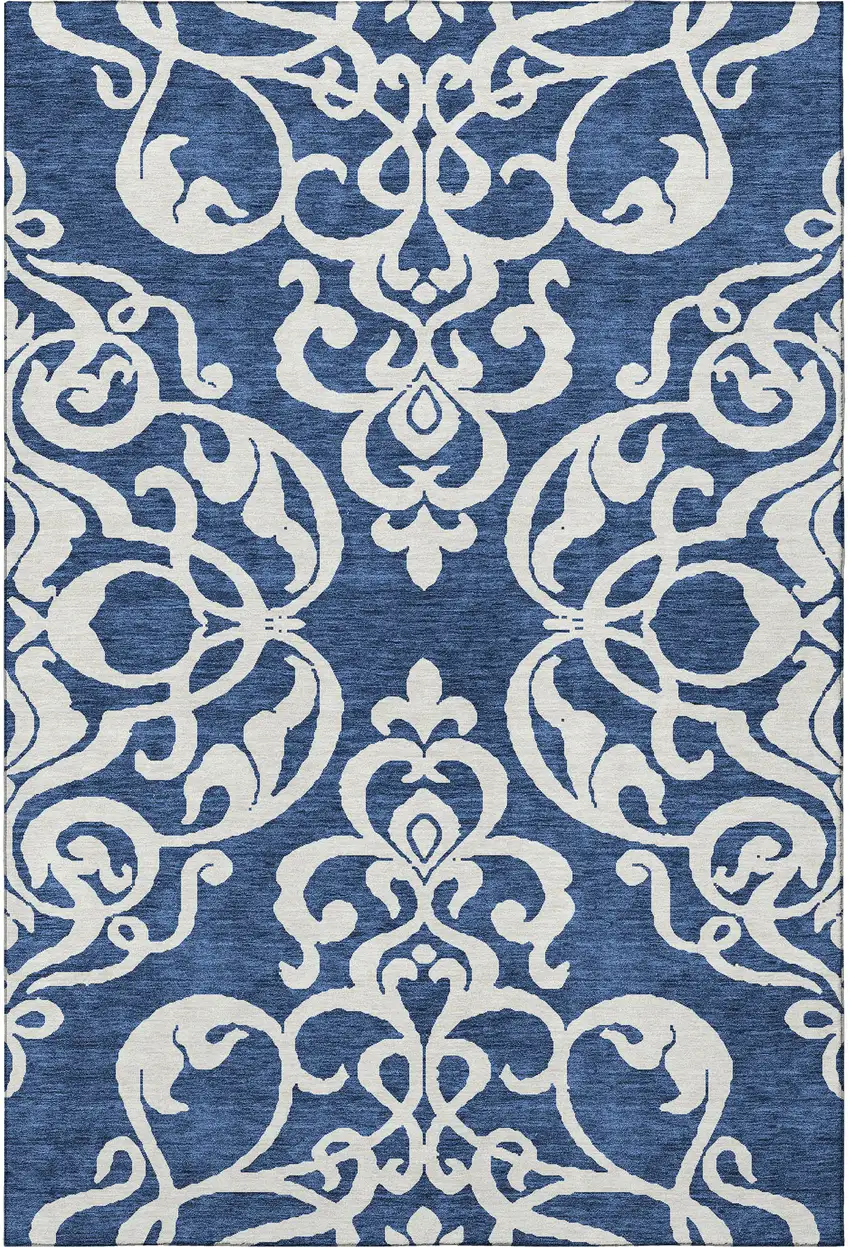 Navy Blue And Ivory Damask Washable Area Rug With UV Protection Photo 3