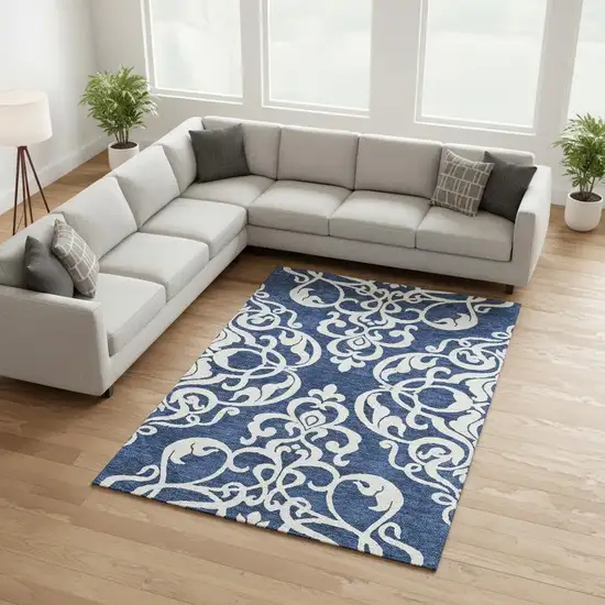 Navy Blue And Ivory Damask Washable Area Rug With UV Protection Photo 2