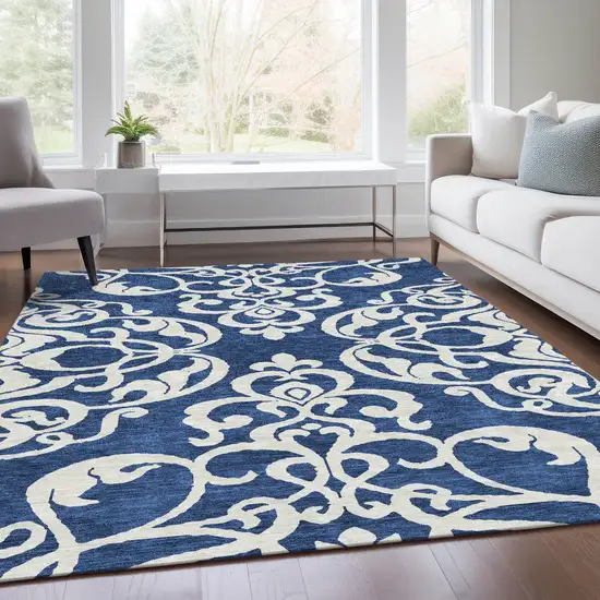 Navy Blue And Ivory Damask Washable Area Rug With UV Protection Photo 5
