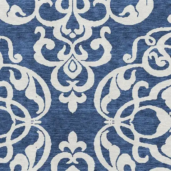 Navy Blue And Ivory Damask Washable Area Rug With UV Protection Photo 2