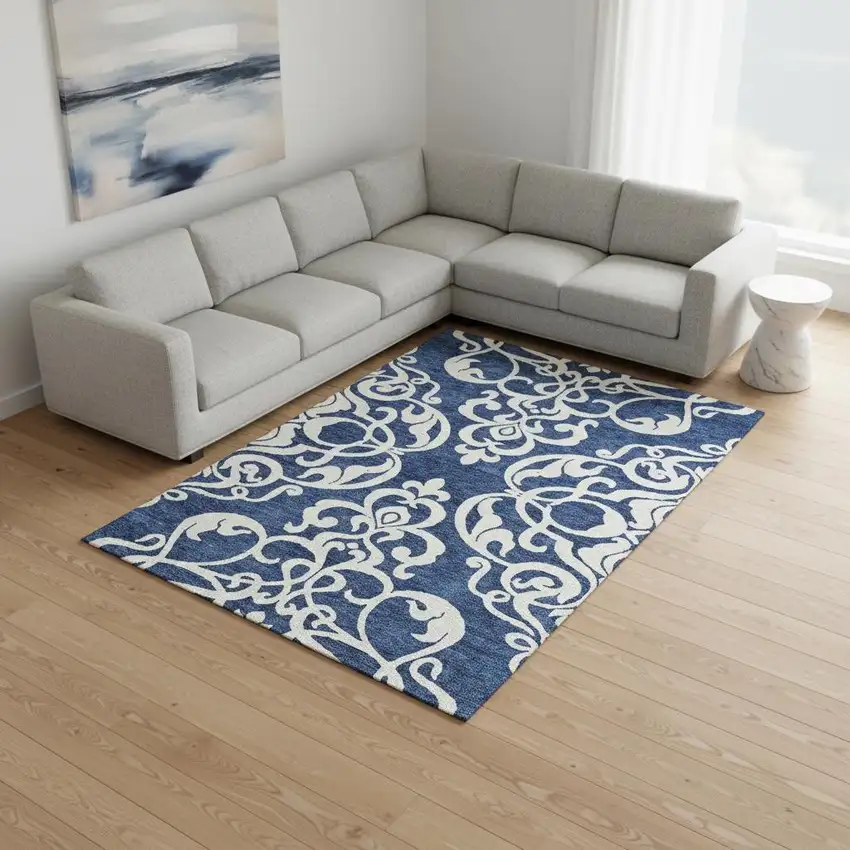 Navy Blue And Ivory Damask Washable Area Rug With UV Protection Photo 2