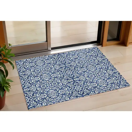 Navy Blue And Ivory Damask Washable Indoor Outdoor Area Rug Photo 1