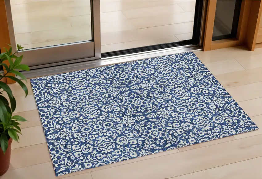 Navy Blue And Ivory Damask Washable Indoor Outdoor Area Rug Photo 1