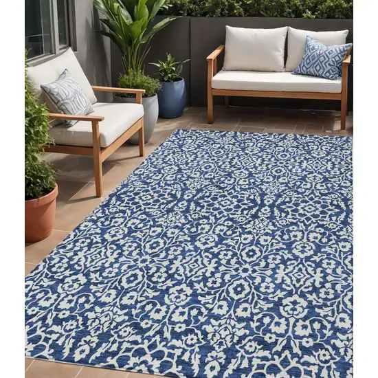 Navy Blue And Ivory Damask Washable Indoor Outdoor Area Rug Photo 1