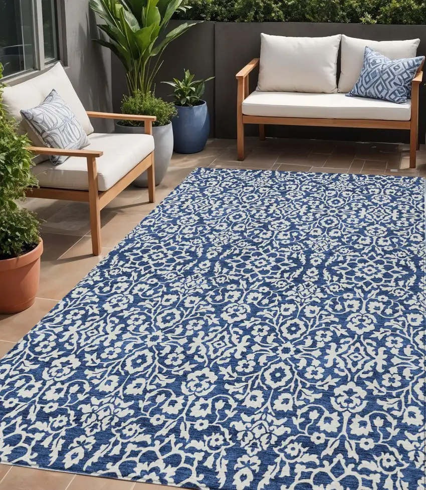 Navy Blue And Ivory Damask Washable Indoor Outdoor Area Rug Photo 1
