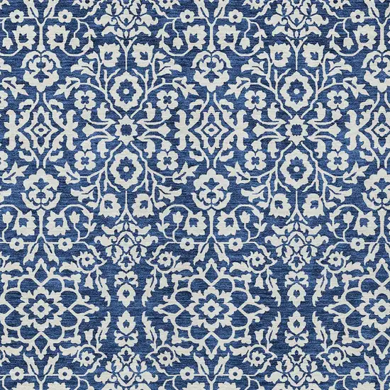 Navy Blue And Ivory Damask Washable Indoor Outdoor Area Rug Photo 5