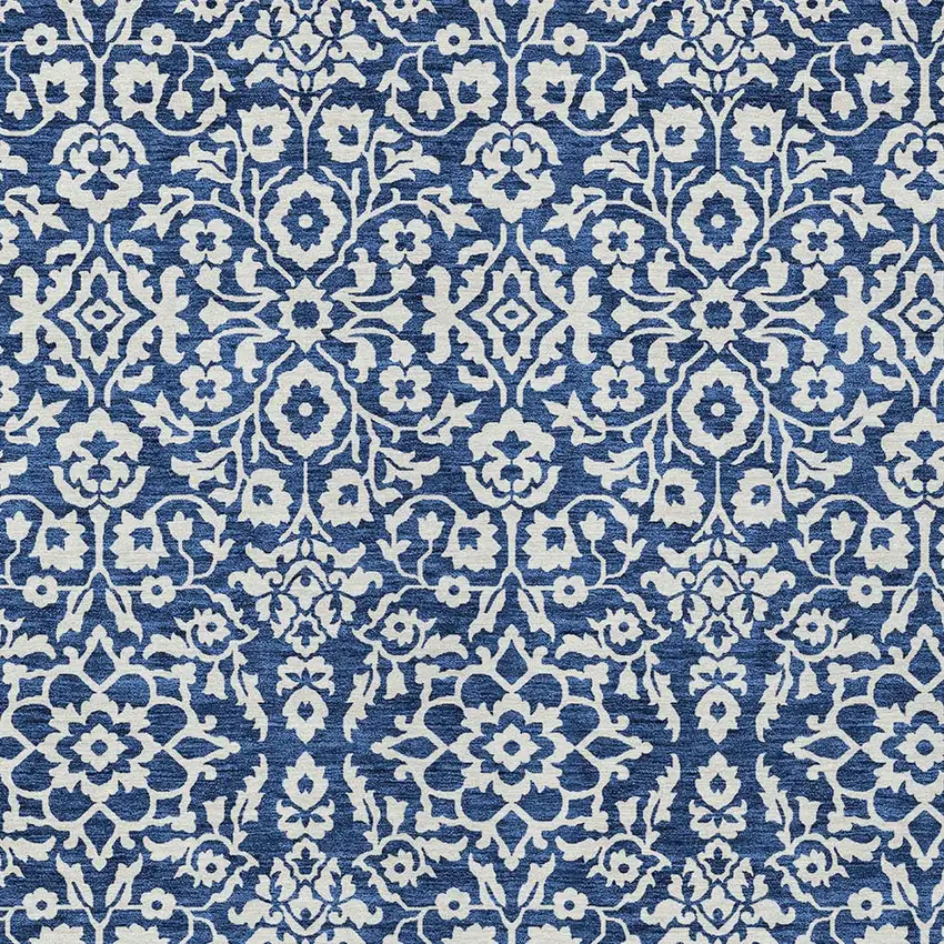 Navy Blue And Ivory Damask Washable Indoor Outdoor Area Rug Photo 5