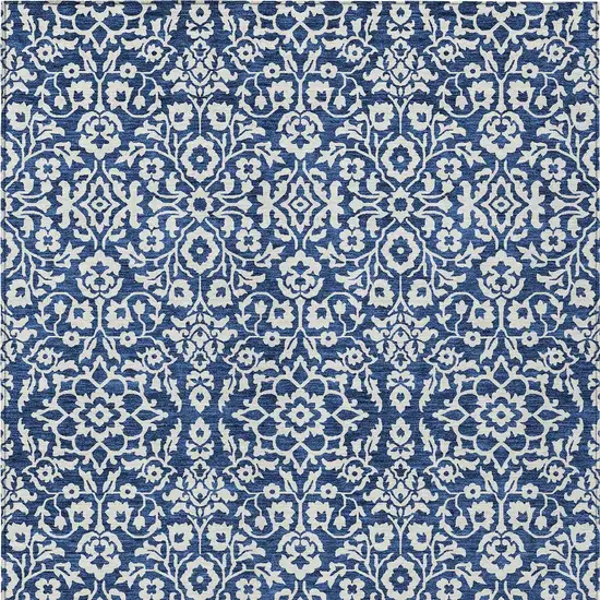Navy Blue And Ivory Damask Washable Indoor Outdoor Area Rug Photo 5