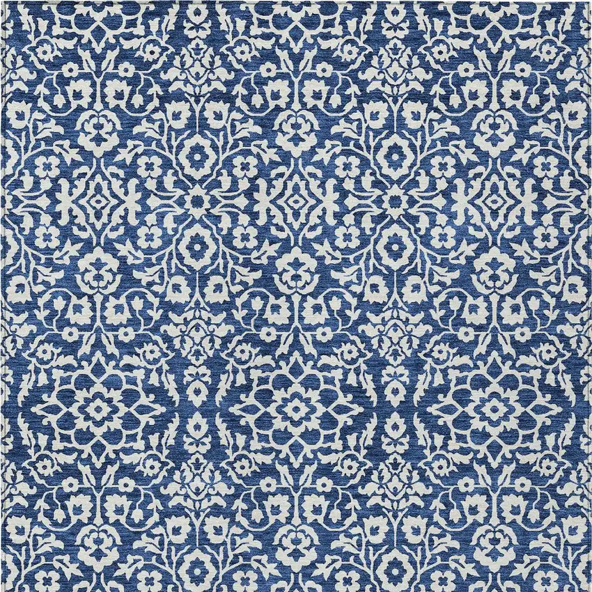 Navy Blue And Ivory Damask Washable Indoor Outdoor Area Rug Photo 5