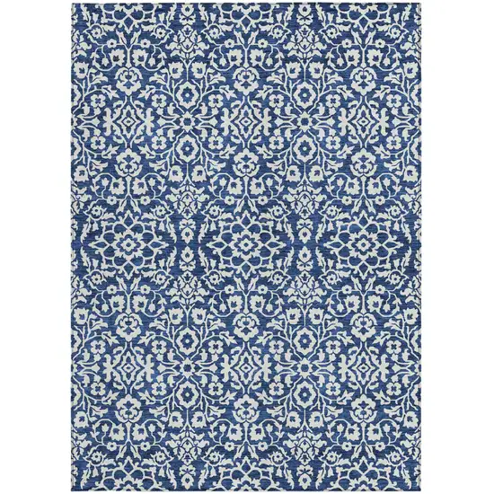 Navy Blue And Ivory Damask Washable Indoor Outdoor Area Rug Photo 6