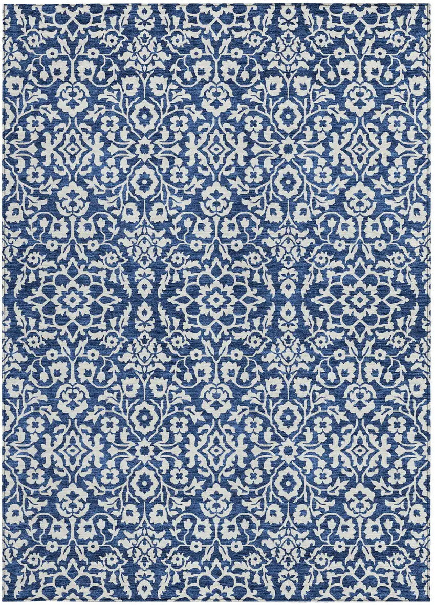 Navy Blue And Ivory Damask Washable Indoor Outdoor Area Rug Photo 6