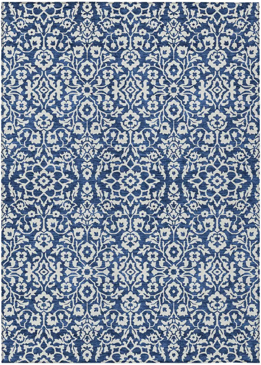 Navy Blue And Ivory Damask Washable Indoor Outdoor Area Rug Photo 2