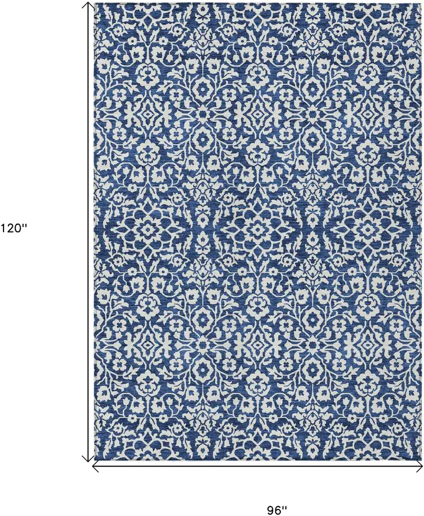 Navy Blue And Ivory Damask Washable Indoor Outdoor Area Rug Photo 3
