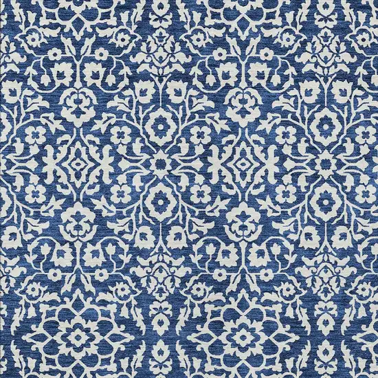 Navy Blue And Ivory Damask Washable Indoor Outdoor Area Rug Photo 5