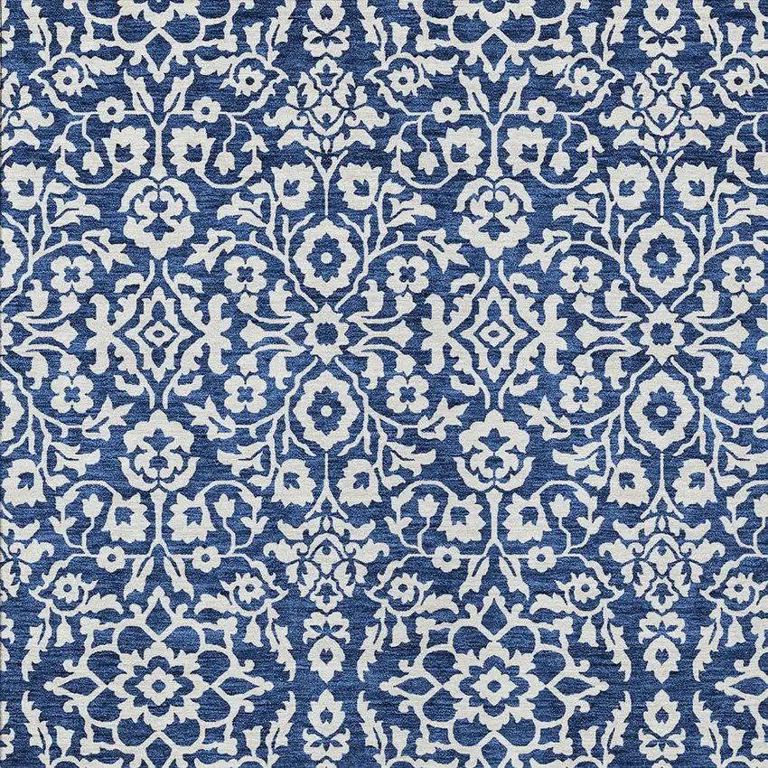Navy Blue And Ivory Damask Washable Indoor Outdoor Area Rug Photo 5
