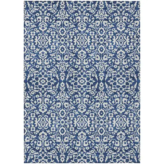 Navy Blue And Ivory Damask Washable Indoor Outdoor Area Rug Photo 2