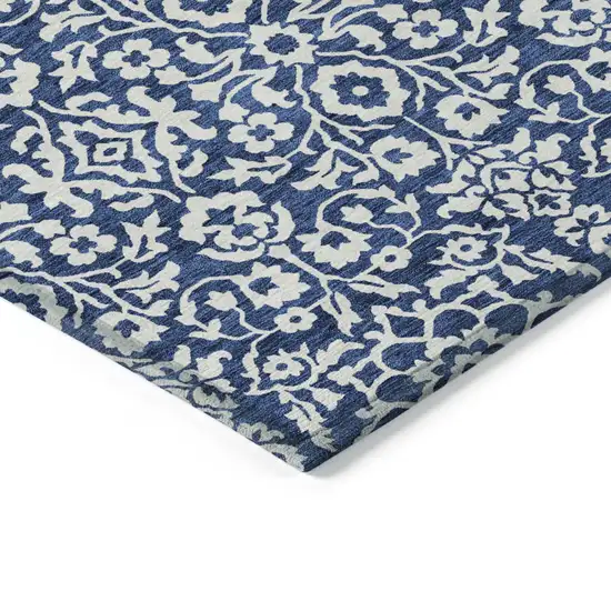 Navy Blue And Ivory Damask Washable Indoor Outdoor Area Rug Photo 4