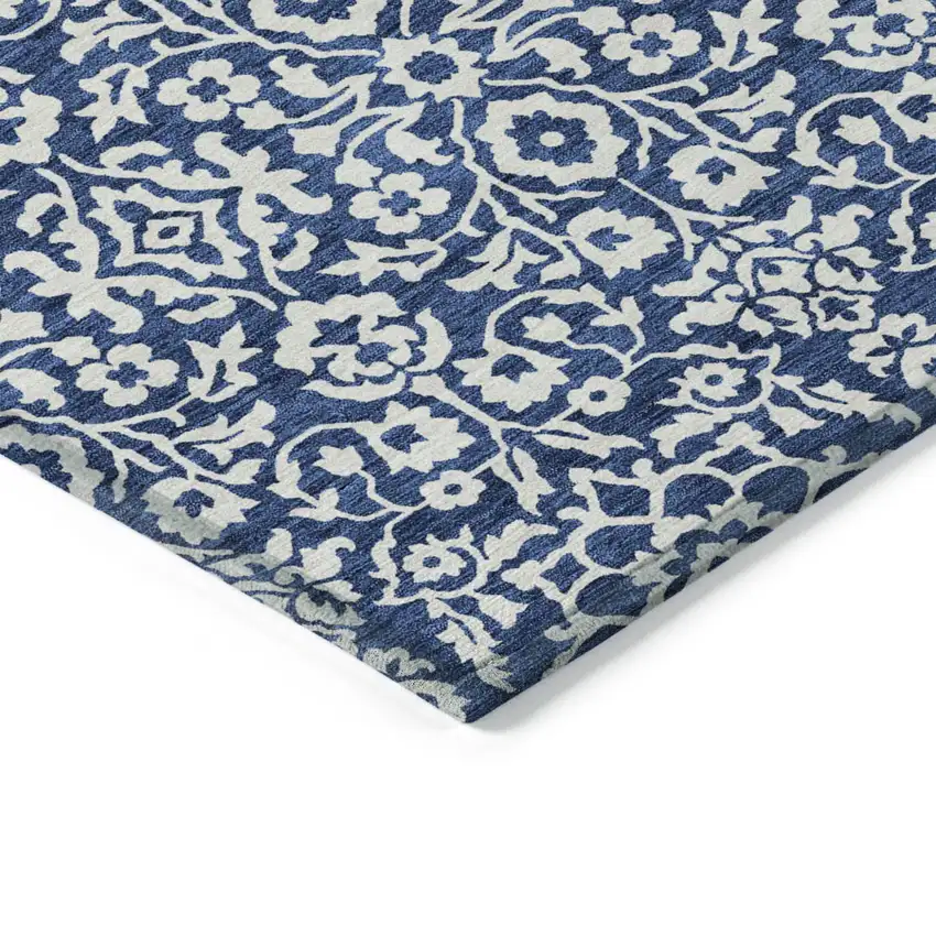 Navy Blue And Ivory Damask Washable Indoor Outdoor Area Rug Photo 4