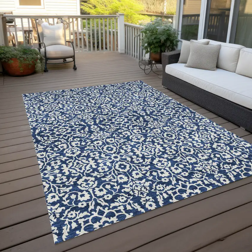 Navy Blue And Ivory Damask Washable Indoor Outdoor Area Rug Photo 9