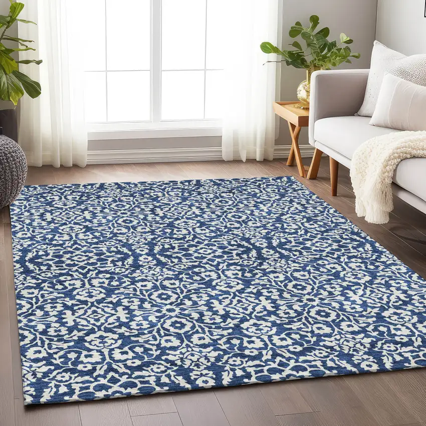 Navy Blue And Ivory Damask Washable Indoor Outdoor Area Rug Photo 8