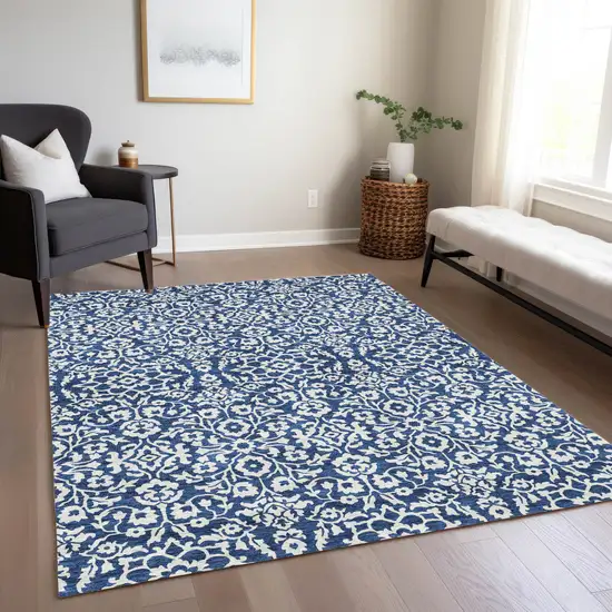 Navy Blue And Ivory Damask Washable Indoor Outdoor Area Rug Photo 9