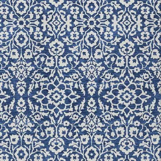 Navy Blue And Ivory Damask Washable Indoor Outdoor Area Rug Photo 5