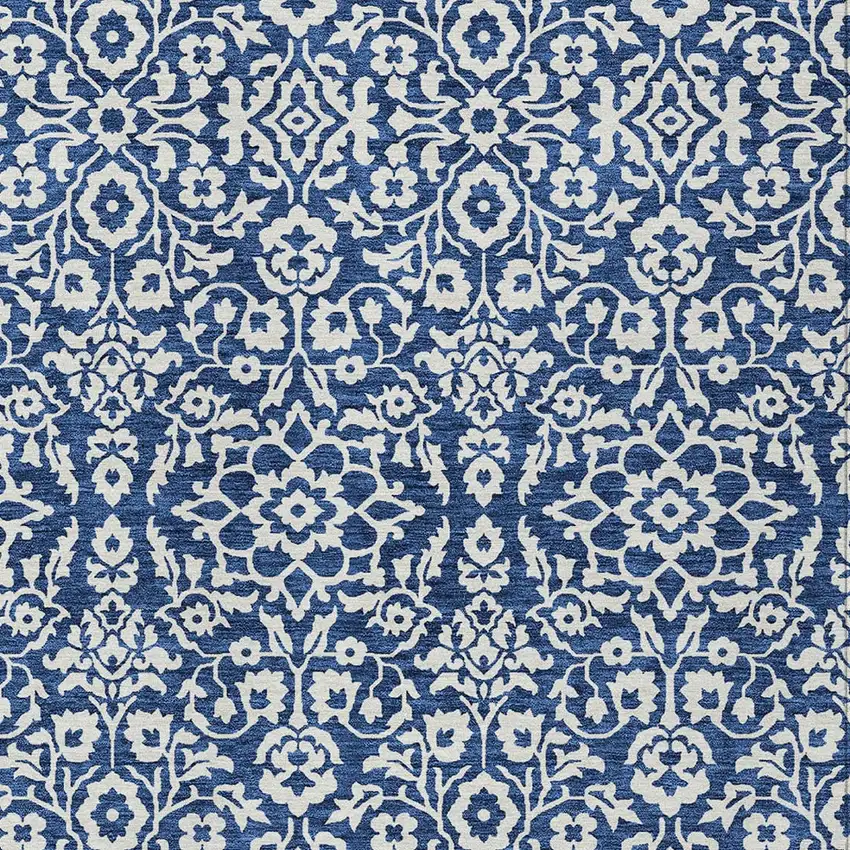 Navy Blue And Ivory Damask Washable Indoor Outdoor Area Rug Photo 5