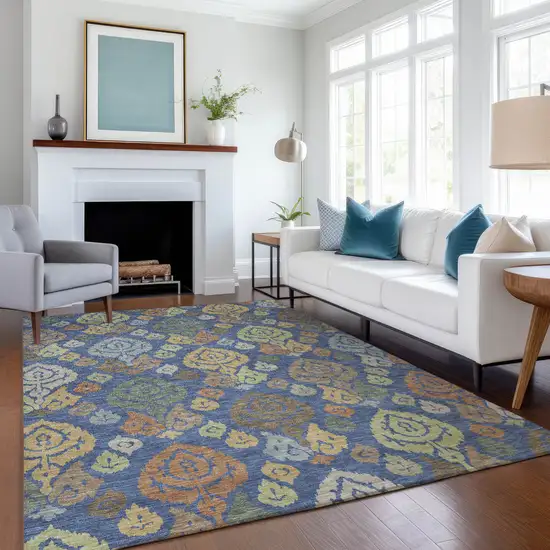 Navy Blue And Ivory Damask Washable Indoor Outdoor Area Rug Photo 6