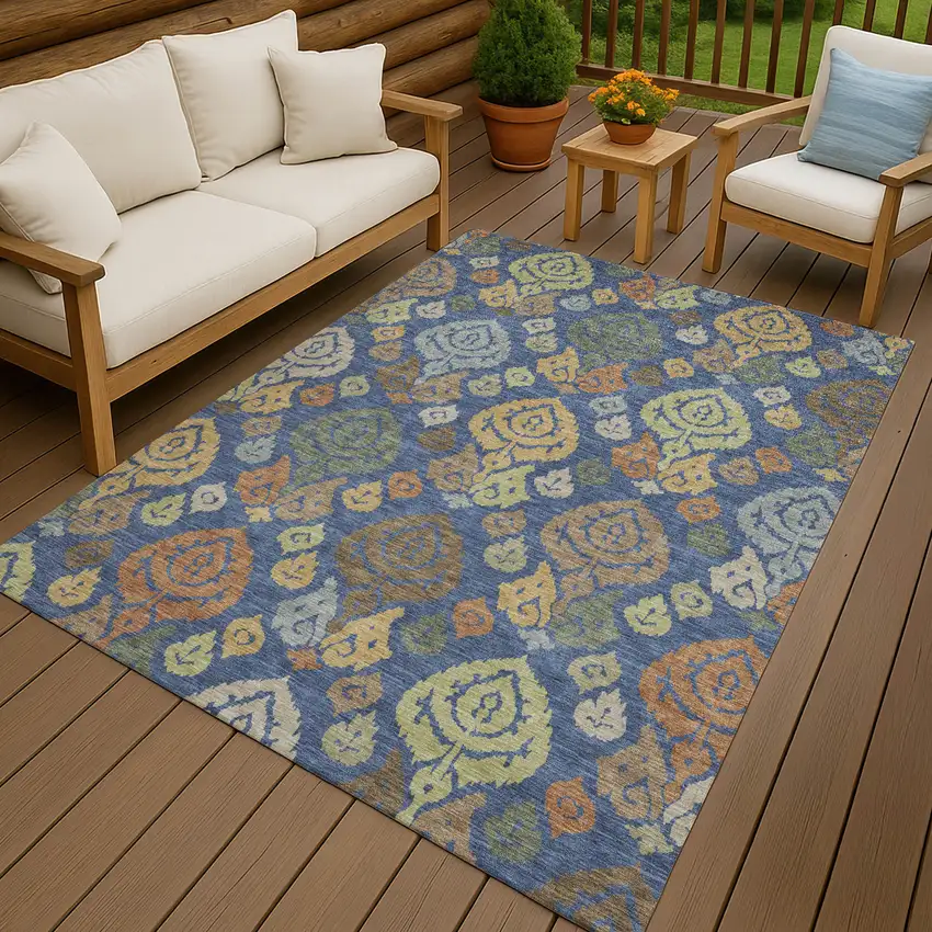 Navy Blue And Ivory Damask Washable Indoor Outdoor Area Rug Photo 4