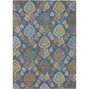 Photo of Navy Blue And Ivory Damask Washable Indoor Outdoor Area Rug