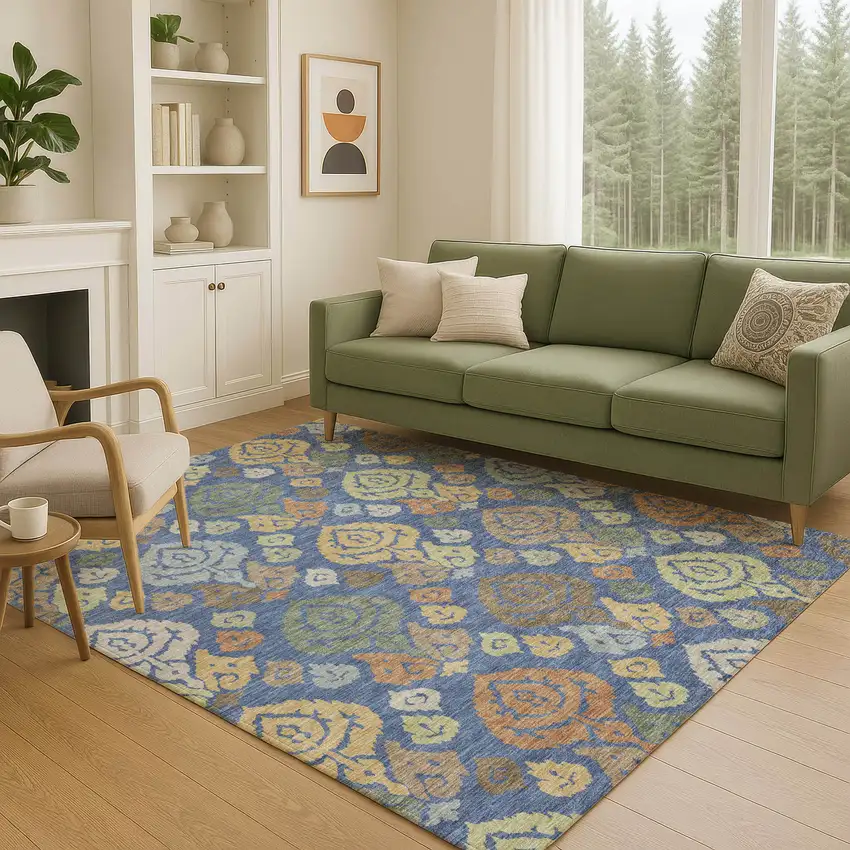 Navy Blue And Ivory Damask Washable Indoor Outdoor Area Rug Photo 5