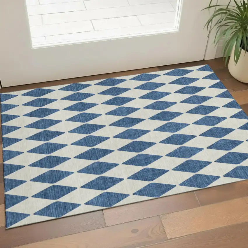 Navy Blue And Ivory Diamond Washable Area Rug With UV Protection Photo 1