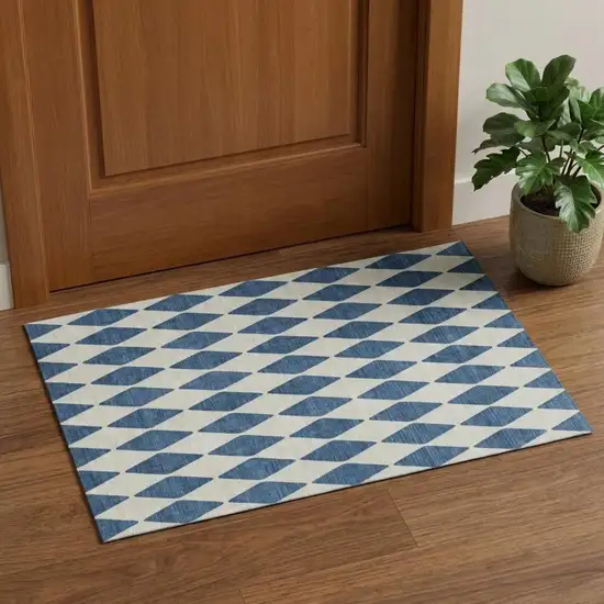 Navy Blue And Ivory Diamond Washable Area Rug With UV Protection Photo 1