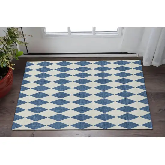Navy Blue And Ivory Diamond Washable Area Rug With UV Protection Photo 2