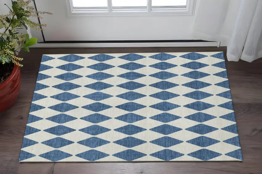 Navy Blue And Ivory Diamond Washable Area Rug With UV Protection Photo 2