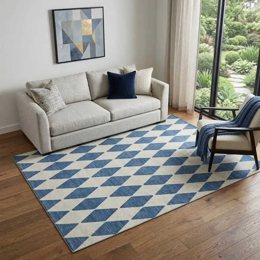 Navy Blue And Ivory Diamond Washable Area Rug With UV Protection Photo 1