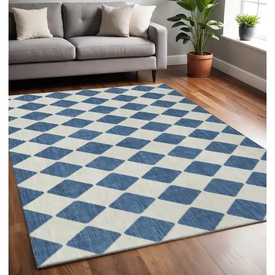 Navy Blue And Ivory Diamond Washable Area Rug With UV Protection Photo 2