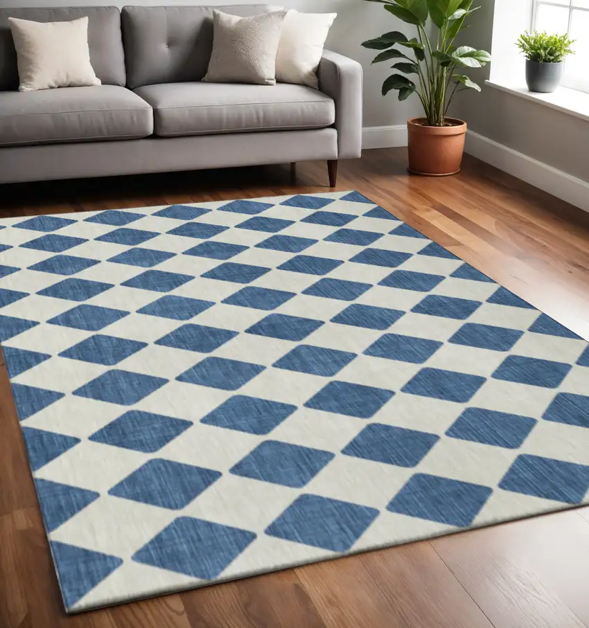 Navy Blue And Ivory Diamond Washable Area Rug With UV Protection Photo 2
