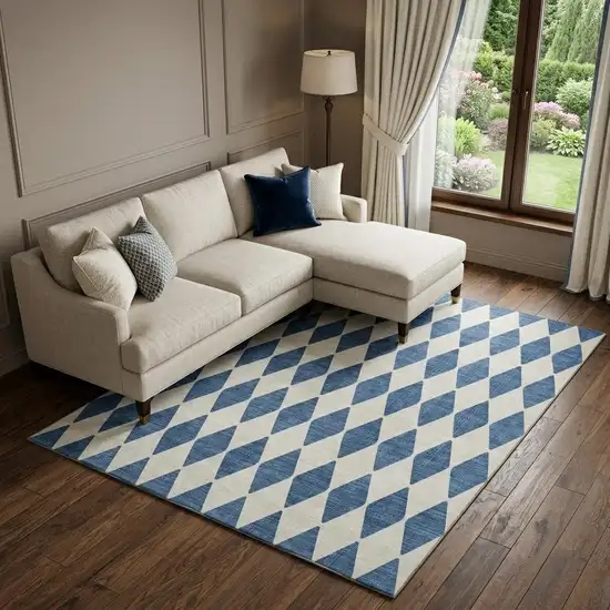Navy Blue And Ivory Diamond Washable Area Rug With UV Protection Photo 1