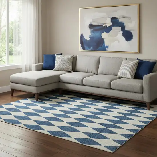 Navy Blue And Ivory Diamond Washable Area Rug With UV Protection Photo 1