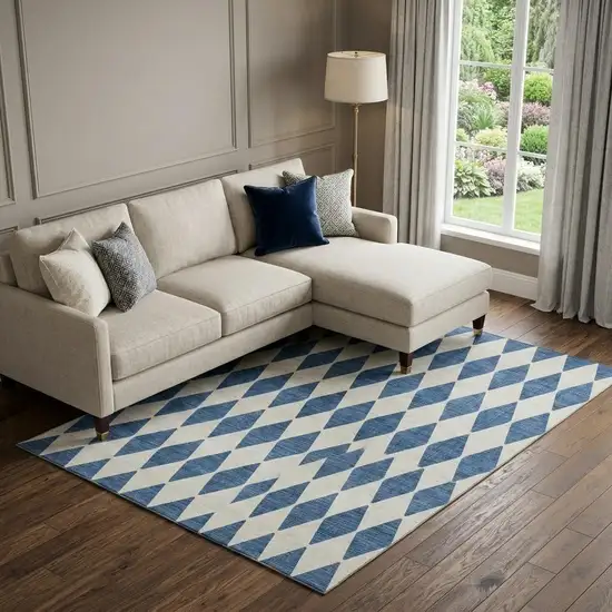 Navy Blue And Ivory Diamond Washable Area Rug With UV Protection Photo 1