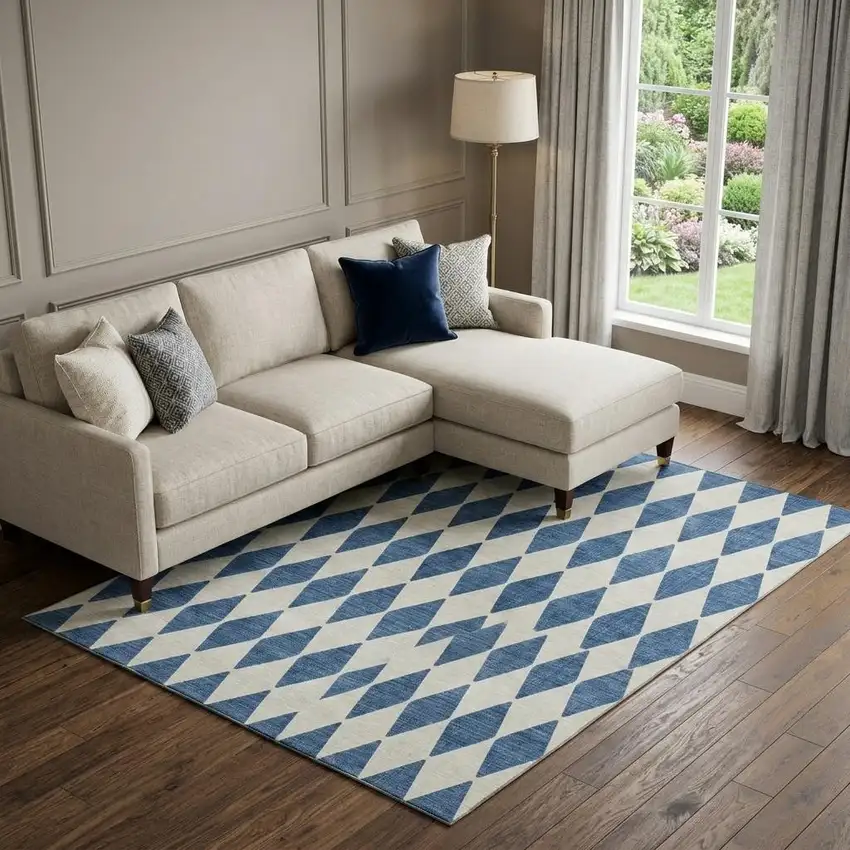 Navy Blue And Ivory Diamond Washable Area Rug With UV Protection Photo 1