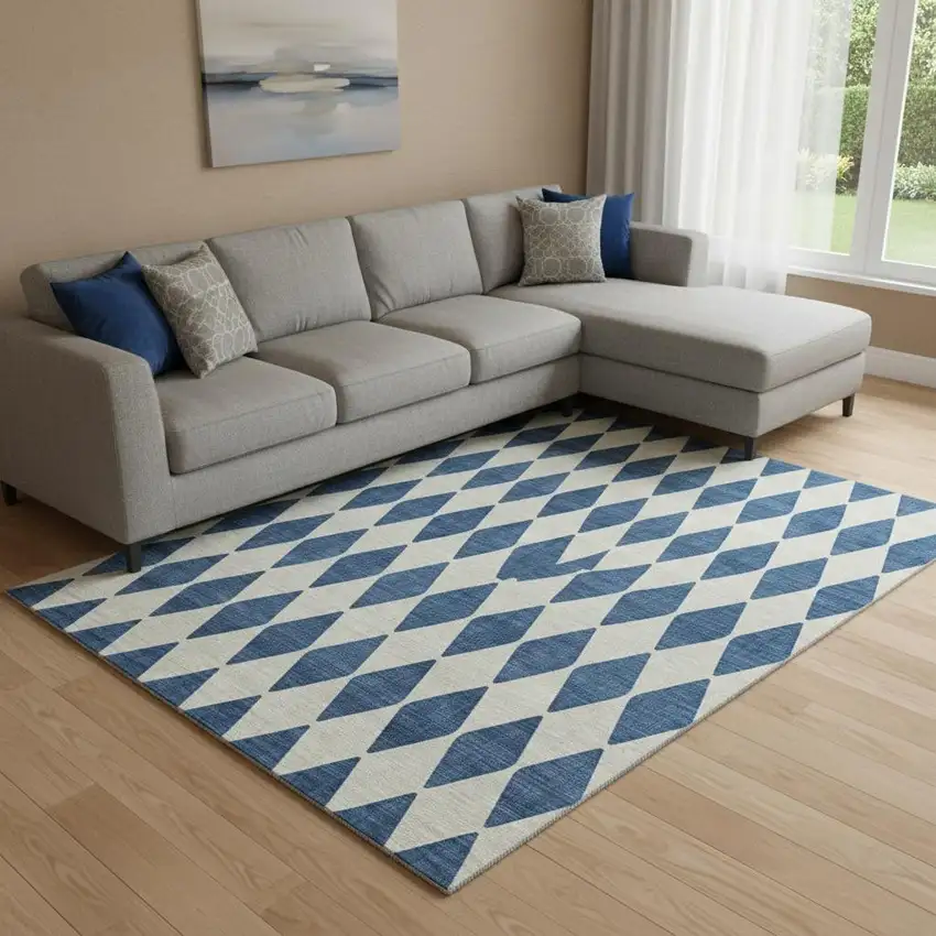 Navy Blue And Ivory Diamond Washable Area Rug With UV Protection Photo 1