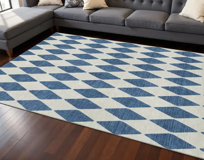 Navy Blue And Ivory Diamond Washable Area Rug With UV Protection Photo 2