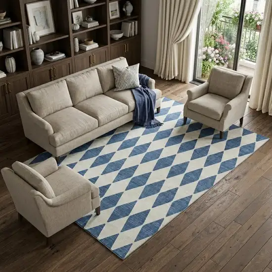 Navy Blue And Ivory Diamond Washable Area Rug With UV Protection Photo 1