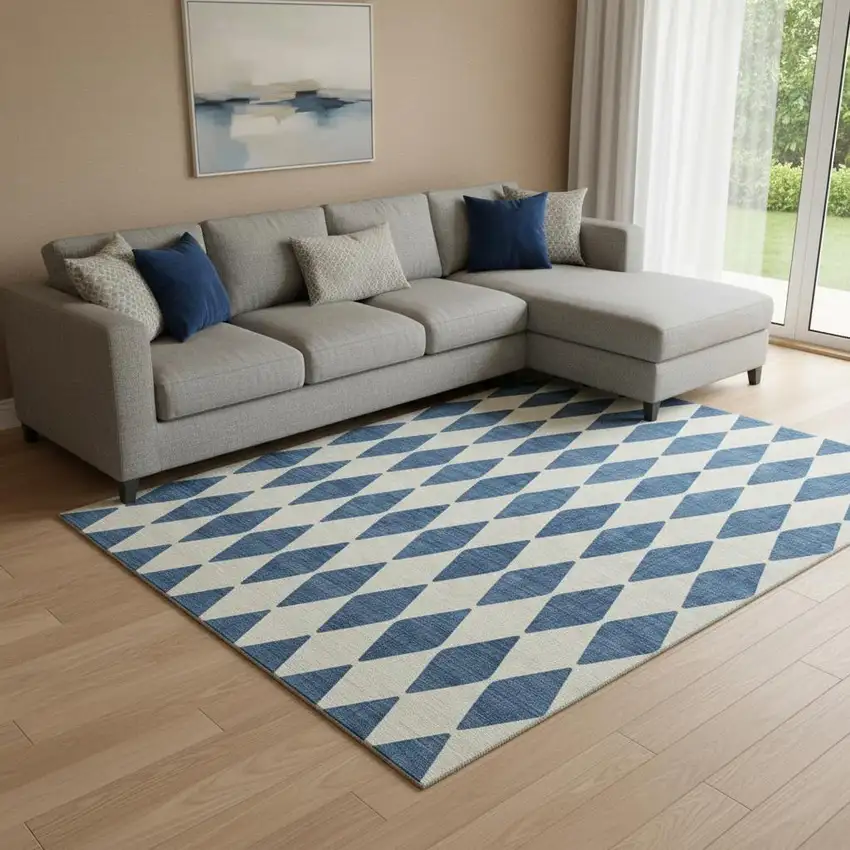 Navy Blue And Ivory Diamond Washable Area Rug With UV Protection Photo 1