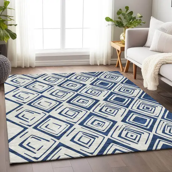 Navy Blue And Ivory Diamond Washable Area Rug With UV Protection Photo 5