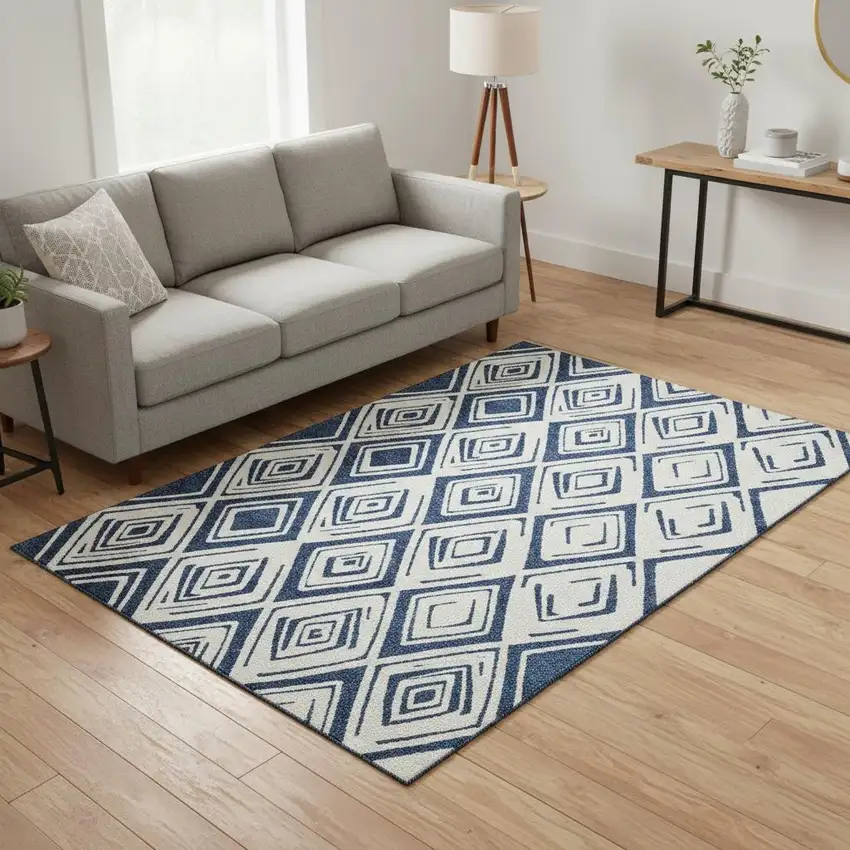 Navy Blue And Ivory Diamond Washable Area Rug With UV Protection Photo 2