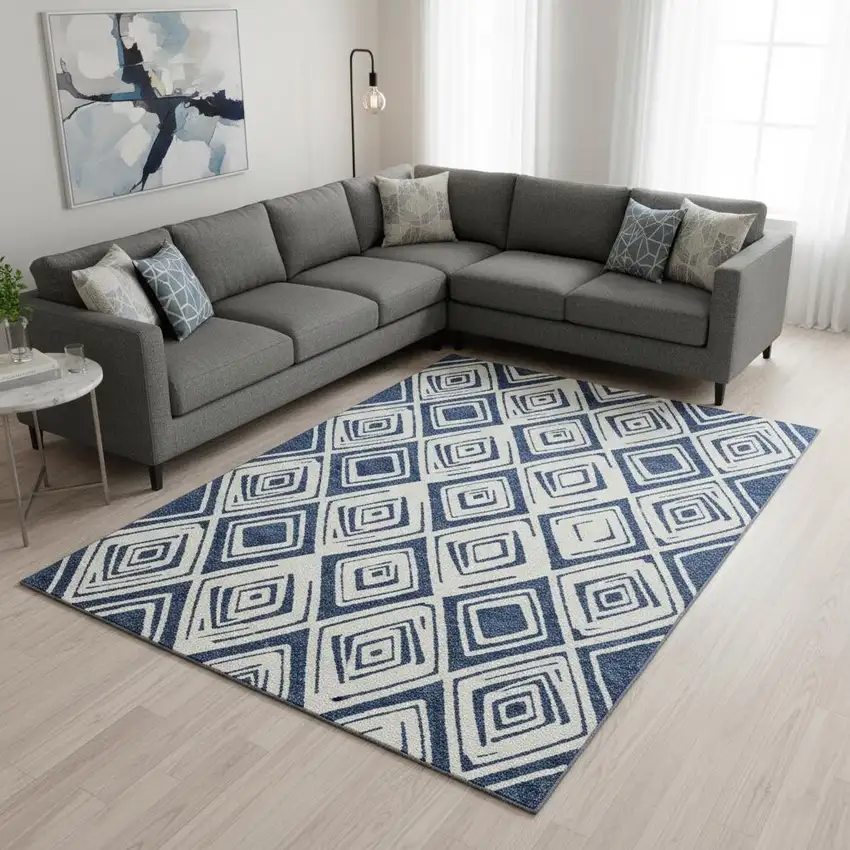 Navy Blue And Ivory Diamond Washable Area Rug With UV Protection Photo 2